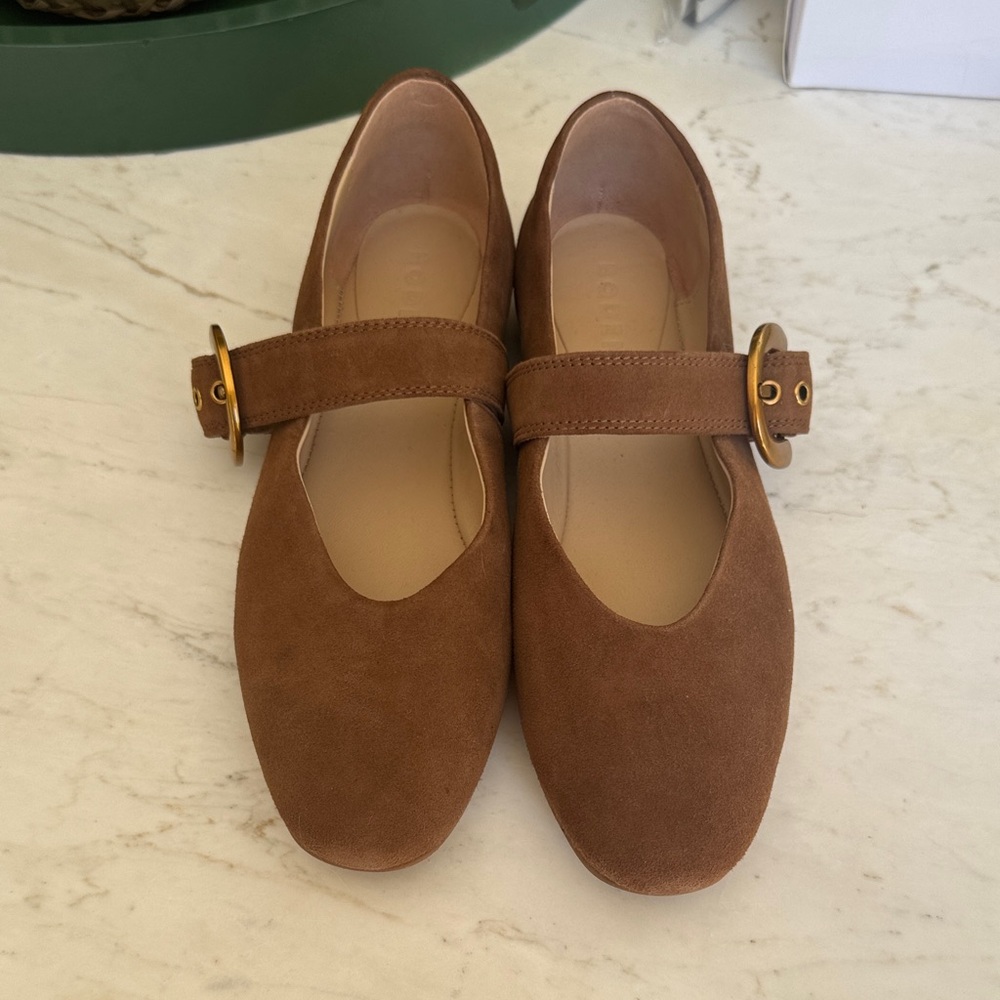 Boden Suede Mary Jane Flats in Brown with Gold Buckle